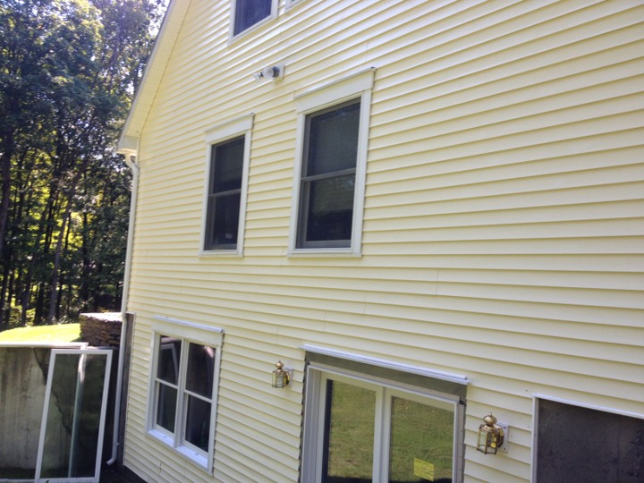 green mold pressure washed off of yellow vinyl siding
